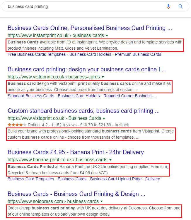Meta Description Examples - Business card printing