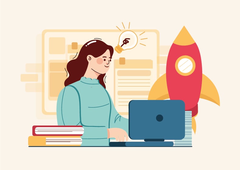 Vector-woman-on-laptop-with-rocket-success